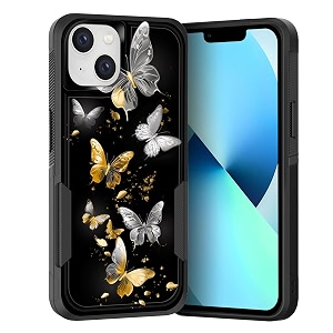 for i phone 15 casedual layer hybrid heavy duty rugged shockproof hard pc soft silicone protective case for i phone 15 61 inch 2023silver golden butterfly