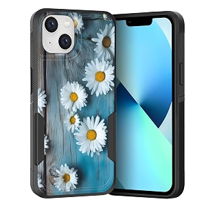 for iphone 15 plus casedual layer hybrid heavy duty rugged shockproof hard pc soft silicone protective case for iphone 15 plus 671 inch 2023daisy flowers on old wooden