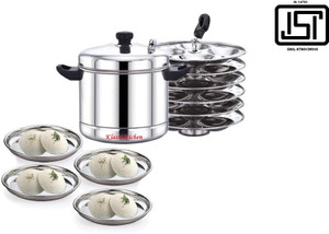klassi kichen stainless steel idli cookeridly maker set with 6 plates 24 idlies-silver induction  standard idli maker 6 plates 24 idlis 
