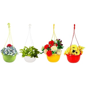 klassic round plastic solid look hanging planter  indoor and outdoor light weight plant hanger for balcony and railing  home decor pot in multicolor  set of 4