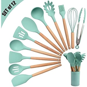 klick n shop silicone kitchen spatula and utensils spoon set cooking  baking set- 12 pcs non-stick with wooden handle-bpa free heat resistant item flexible non toxic silicon cookware tools green1