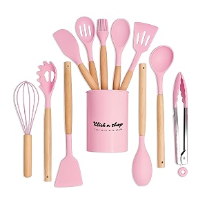 12 pc silicone kitchen utensils amp spatula set  non-stick cooking amp baking tools with wooden handle  heat resistant bpa-free non-toxic flexible silicone cookware tools for non-stick pans pink