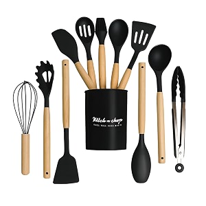 12 pc silicone kitchen utensils amp spatula set  non-stick cooking amp baking tools with wooden handle  heat resistant bpa-free non-toxic flexible silicone cookware tools for non-stick pans black 01