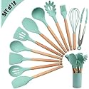 Klick n shop Silicone Kitchen Spatula and Utensils Spoon Set Cooking + Baking Set- 12 Pcs Non-Stick with Wooden Handle-BPA Free, Heat Resistant Item, Flexible Non Toxic Silicon Cookware Tools (Green1)