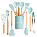 12 Pc Silicone Kitchen Utensils & Spatula Set | Non-Stick Cooking & Baking Tools with Wooden Handle | Heat Resistant, BPA-Free, Non-Toxic Flexible Silicone Cookware Tools for Non-Stick Pans (Green)