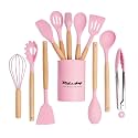 12 Pc Silicone Kitchen Utensils &amp; Spatula Set | Non-Stick Cooking &amp; Baking Tools with Wooden Handle | Heat Resistant, BPA-Free, Non-Toxic Flexible Silicone Cookware Tools for Non-Stick Pans (Pink)