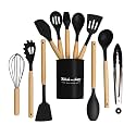 12 Pc Silicone Kitchen Utensils &amp; Spatula Set | Non-Stick Cooking &amp; Baking Tools with Wooden Handle | Heat Resistant, BPA-Free, Non-Toxic Flexible Silicone Cookware Tools for Non-Stick Pans (Black 01)