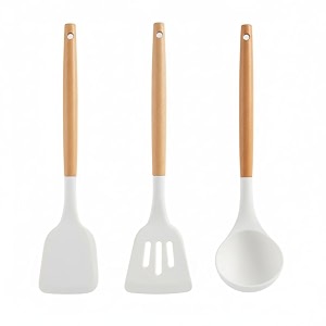 silicone kitchen utensils set 3 pcs spatula turner ladle set kitchen cooking tools with wooden handle heat resistant non stick bpa free flexible durable utensils for home kitchen premium white