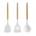 Silicone Kitchen Utensils Set, 3 Pcs Spatula Turner Ladle Set, Kitchen Cooking Tools with Wooden Handle, Heat Resistant Non Stick BPA Free Flexible Durable Utensils for Home Kitchen, Premium White