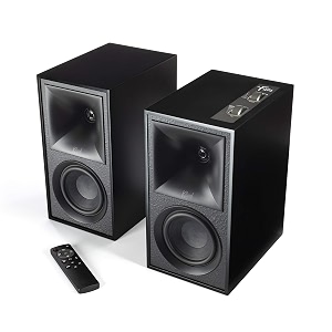 klipsch the fives powered bookshelf speakers  matte black finish with hdmi-arc acoustic horn-loaded technology dynamic bass equalization and 192khz24-bit high-resolution audio