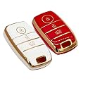 KMH TPU Gold Car Key Cover Compatible with Kia Seltos Sonet Carens 3 Button Push Start Car Key (Pack of 2, Red-White)