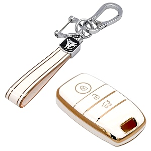 kmh tpu gold car smart key cover compatible for kia seltos sonet carens 3 push button smart key shell case holder key protector with keychain white gold pack of 2