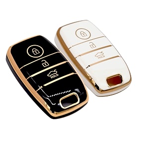 kmh tpu gold car smart key cover compatible for kia seltos sonet carens 3 push button smart key shell case holder key protector black gold amp white gold pack of 2