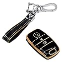 KMH TPU Gold Car Smart Key Cover Compatible for Kia Seltos, Sonet, Carens 3 Push Button Smart Key Shell Case Holder, Key Protector with Keychain (Black Gold) Pack of 2