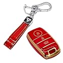 KMH TPU Gold Car Smart Key Cover Compatible for Kia Seltos, Sonet, Carens 3 Push Button Smart Key Shell Case Holder, Key Protector with Keychain (Red Gold) Pack of 2