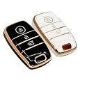 KMH TPU Gold Car Smart Key Cover Compatible for Kia Seltos, Sonet, Carens 3 Push Button Smart Key Shell Case Holder, Key Protector (Black Gold &amp; White Gold) Pack of 2