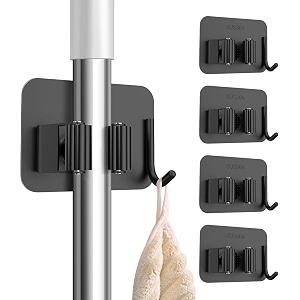 kmils self adhesive mop holder wall mount stainless steel broom holder with hook no drill wall organizer for mop broom bathroom kitchen amp laundry room black pack of 4
