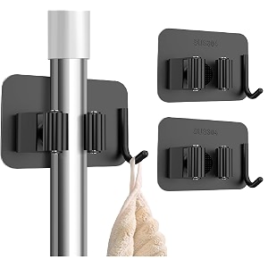kmils self adhesive mop holder wall mount stainless steel broom holder with hook no drill wall organizer for mop broom bathroom kitchen amp laundry room black pack of 2