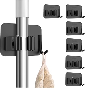 kmils self adhesive mop holder wall mount stainless steel broom holder with hook no drill wall organizer for mop broom bathroom kitchen amp laundry room black pack of 6