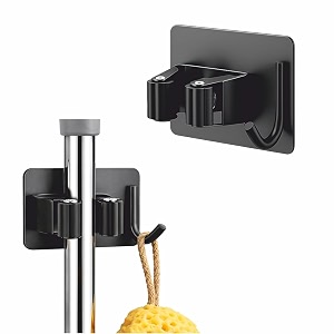 kmils self adhesive mop holder wall mount stainless steel broom holder with hook no drill wall organizer for mop broom bathroom kitchen amp laundry room black pack of 1
