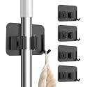 Kmils Self Adhesive Mop Holder Wall Mount, Stainless Steel Broom Holder with Hook, No Drill Wall Organizer for Mop, Broom, Bathroom, Kitchen &amp; Laundry Room (Black, Pack of 4)
