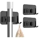 Kmils Self Adhesive Mop Holder Wall Mount, Stainless Steel Broom Holder with Hook, No Drill Wall Organizer for Mop, Broom, Bathroom, Kitchen & Laundry Room (Black, Pack of 2)