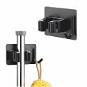 Kmils Self Adhesive Mop Holder Wall Mount, Stainless Steel Broom Holder with Hook, No Drill Wall Organizer for Mop, Broom, Bathroom, Kitchen &amp; Laundry Room (Black, Pack of 1)
