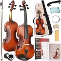 Kmise Violin 4/4 Full Size Starter Kit for Students Beginners Adults, Quality Ebony Acoustic Fiddle Set with Hard Case, Bow, Rosin, Extra Strings, Shoulder Rest, Guide &amp; Chart
