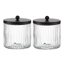 KMwares 2-Pack Glass Qtip Holder Dispenser Set - Bathroom Canister Storage Organizer for Cotton Balls, Swabs, Floss Picks, and Makeup Sponges with Matte Black Metal Lid - Clear Vanity Apothecary Jars
