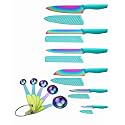 Knife Set with Spoons, KYA37B Knife Sets with Blade Guards and Measuring Spoons, Marco Almond® Rainbow Color 17-Piece Stainless Steel Kitchen Knives Set with Covers