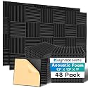 Knightsacoustic 48 Pack Sound Proof Foam Panels for Walls with Self Adhesive, 12x12x1 Acoustic Foam Panels, High Density Acoustic Panels Sound Absorbing, Fire Resistant Studio Sound Proofing Black
