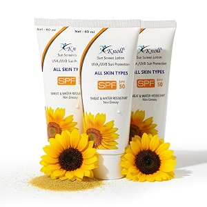 knoll healthcare sunscreen spf 50 with uvauvb sun protection broad spectrum vitamin e lotion  suncreen for dry skin  oily skin  water and sweat resistance  non greasy 180ml pack of 3