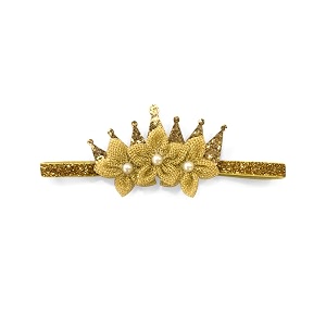 knotty ribbons shimmery crown amp flower elasticated headband - golden
