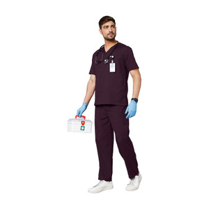 knya mens  scrub suit set pant shirt hospital scrub wine xxl