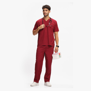 knya mens scrubsuits  5 pocket  v neck  for doctors pant shirt hospital scrub maroon m