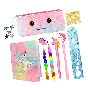 kobbet 10pcs unicorn stationery gift set for girls birthday party return gift party favor gift for kids unicorn fur pouch diary with complete stationery unicorn school stationery set a6 diary