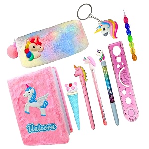 kobbet 9ps unicorn theme return gift set for girls unicorn school stationery a5 notebook pencil pouch pen pencil big softy eraser scale unicorn key chain gift set for girls kids adults style 2