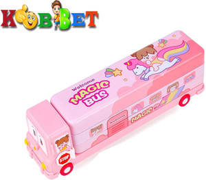 kobbet bus pencil box for kids with moving tyres  sharpener geometry case for kids pink