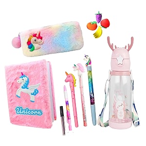 kobbet 12 pcs stationery set for kids school stationery set with steel water bootle diary pen pencil erasers pouch amp water bottle best return gift set for girls combo 1