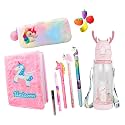 KOBBET® 12 Pcs Stationery Set for Kids School Stationery Set with Steel Water Bootle Diary, Pen, Pencil, Erasers, Pouch & Water Bottle Best Return Gift Set for Girls (Combo 1)