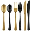 Kochorie 300 PCS Heavy Duty Black and Gold Plastic Silverware Cutlery Set