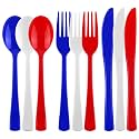 Kochorie 300 Pieces 4th of July Plastic Silverware, Heavy Duty Independence Day Cutlery Set, Disposable Plastic Utensils Includes Spoons Forks Knives for Memorial Day Veterans Day, Red Blue White