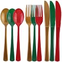 Kochorie 300 Pieces Christmas Plastic Silverware Heavy Duty Plastic Cutlery Set Heavyweight Disposable Flatware Includes Christmas Spoons Knives Forks for Christmas New Year Party