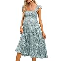 KOJOOIN Womens Maternity Dress Summer Sleeveless Smocked Square Neck Ruffle Casual Boho Midi Dress Baby Shower Photoshoot