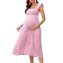 KOJOOIN Womens Maternity Dress Summer Sleeveless Smocked Square Neck Ruffle Casual Boho Midi Dress Baby Shower Photoshoot