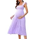 KOJOOIN Womens Maternity Dress Summer Sleeveless Smocked Square Neck Ruffle Casual Boho Midi Dress Baby Shower Photoshoot
