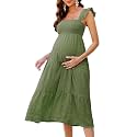 KOJOOIN Womens Maternity Dress Summer Sleeveless Smocked Square Neck Ruffle Casual Boho Midi Dress Baby Shower Photoshoot