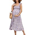 KOJOOIN Womens Maternity Dress Summer Sleeveless Smocked Square Neck Ruffle Casual Boho Midi Dress Baby Shower Photoshoot