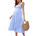 KOJOOIN Womens Maternity Dress Summer Sleeveless Smocked Square Neck Ruffle Casual Boho Midi Dress Baby Shower Photoshoot