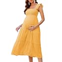 KOJOOIN Womens Maternity Dress Summer Sleeveless Smocked Square Neck Ruffle Casual Boho Midi Dress Baby Shower Photoshoot